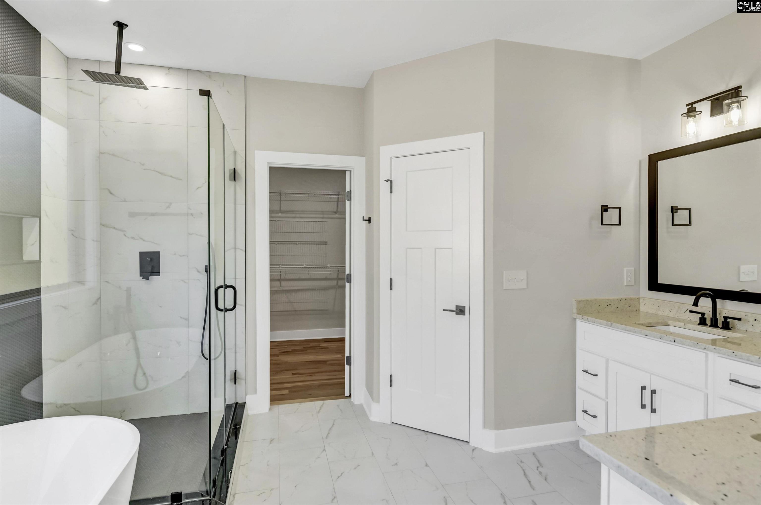 Porcelain tile flooring, Beautiful dual vanity counters