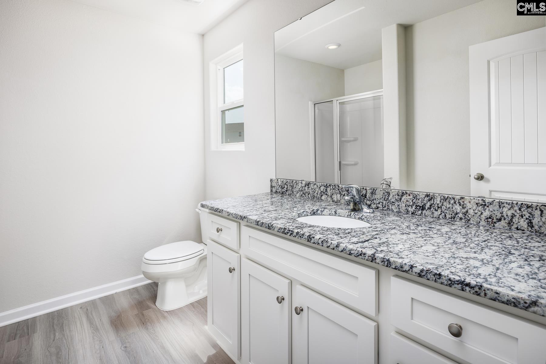 A walk-in shower and a large vanity are showcased in the master bath.