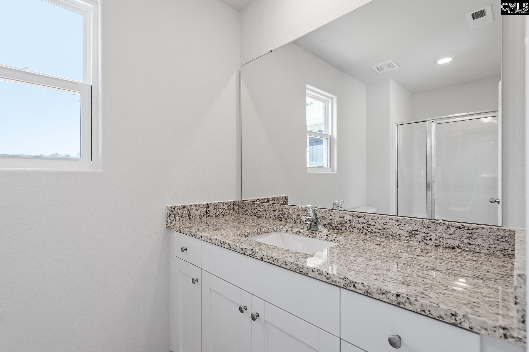 A walk-in shower and a large vanity are showcased in the master bath.