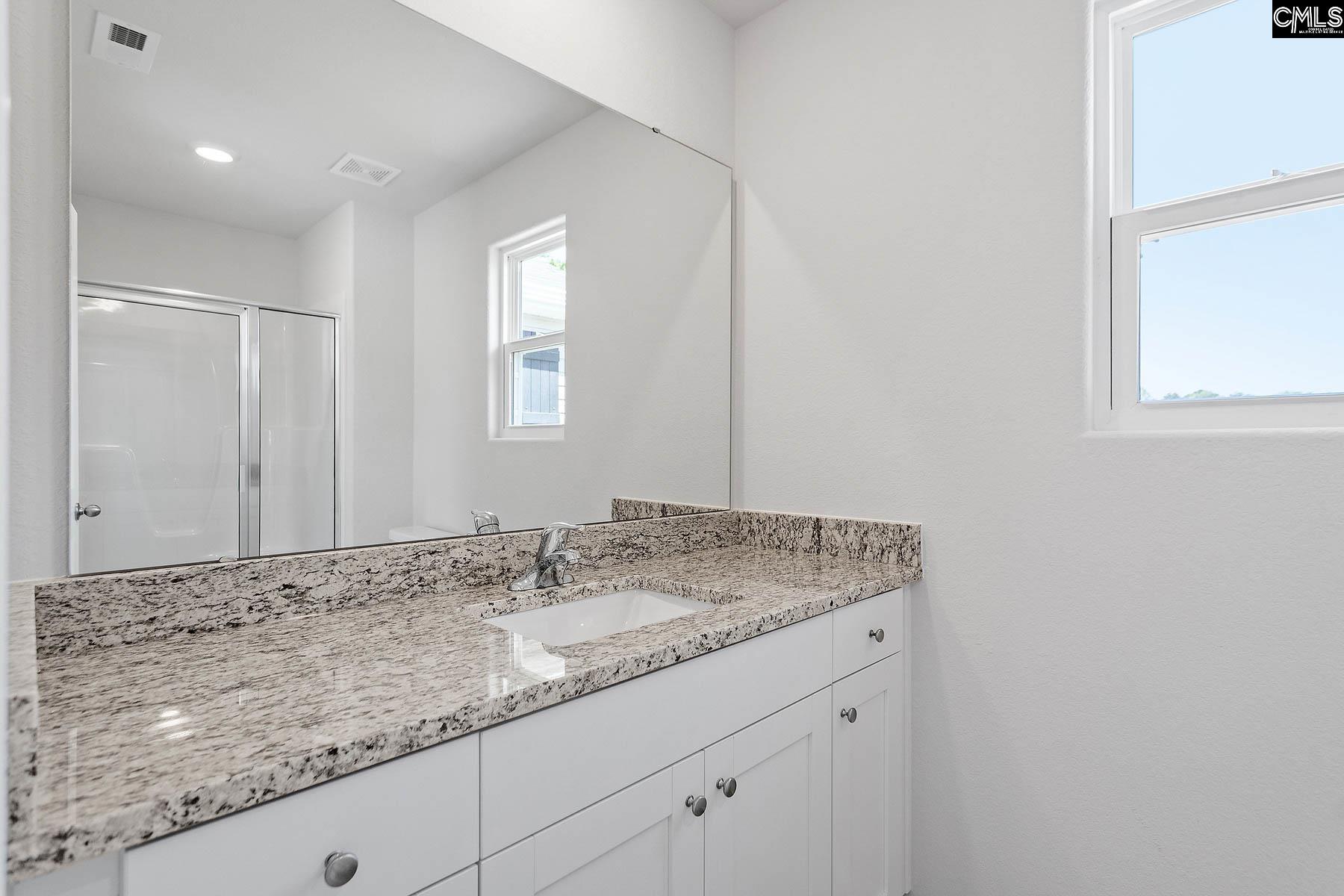 A walk-in shower and a large vanity are showcased in the master bath.