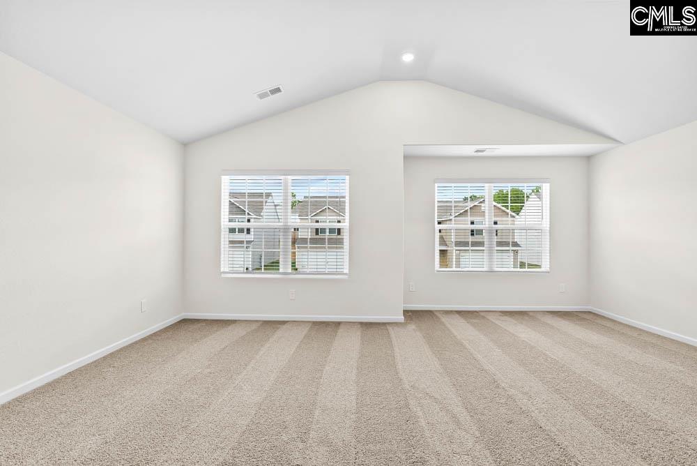 The master bedroom is spacious with a vaulted ceiling and two windows.